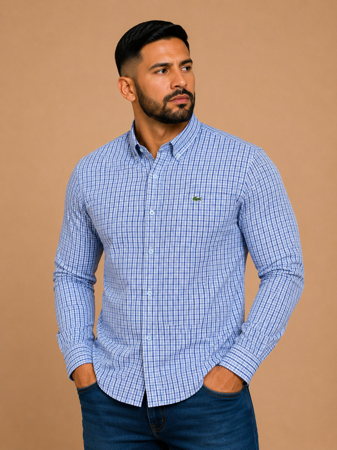 Camisa caballero grande LAC@STE blanco con azul