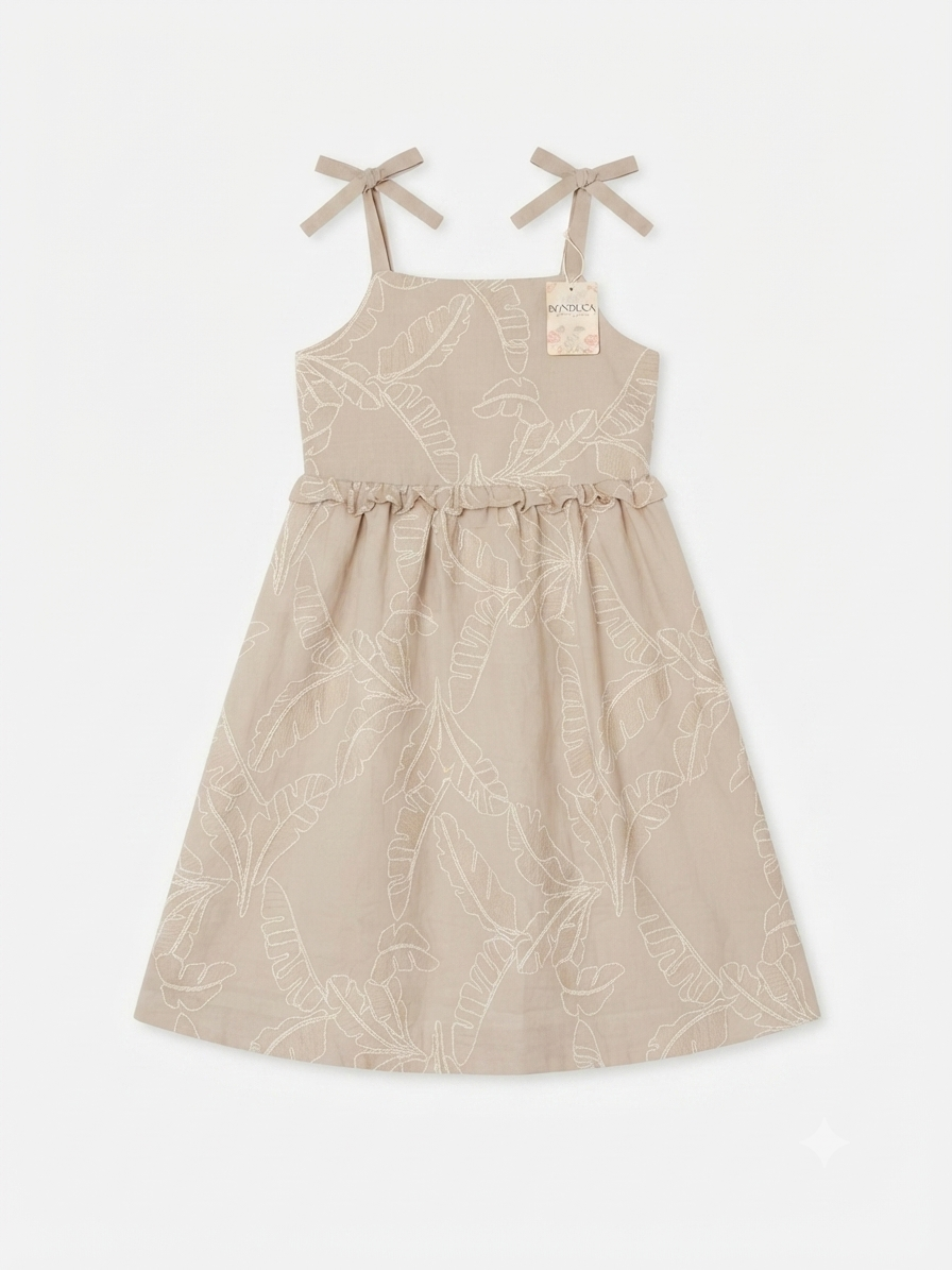 Vestido niña con estampado con hojas bordadas