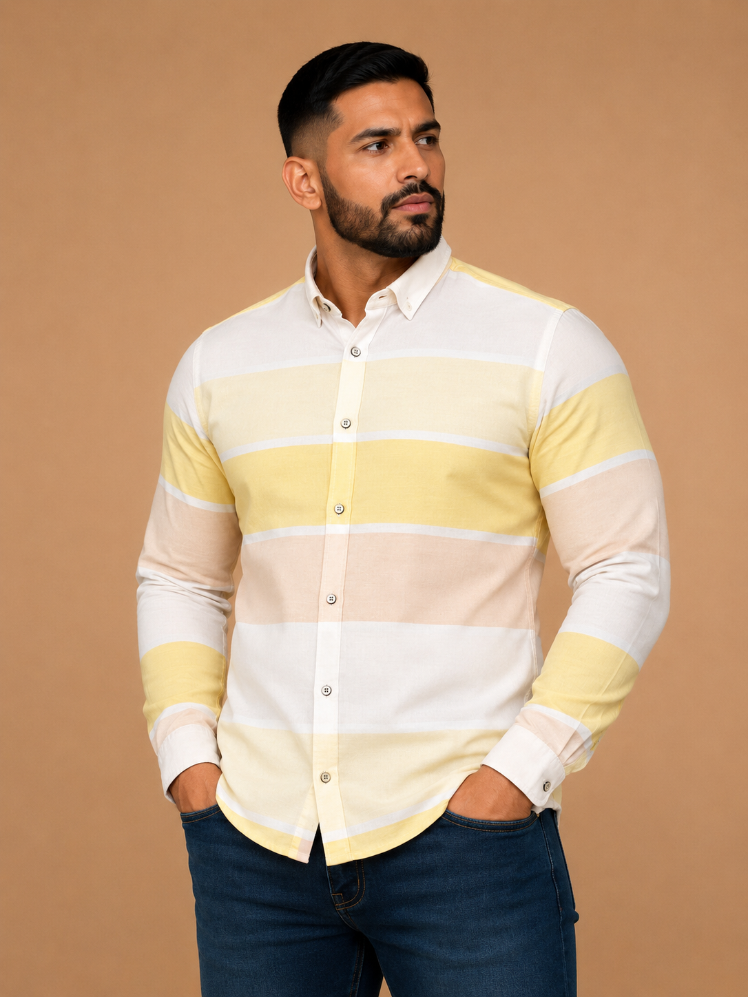 Camisa caballero grande FIFF@RS colores amarillos, piel. Y cafecito