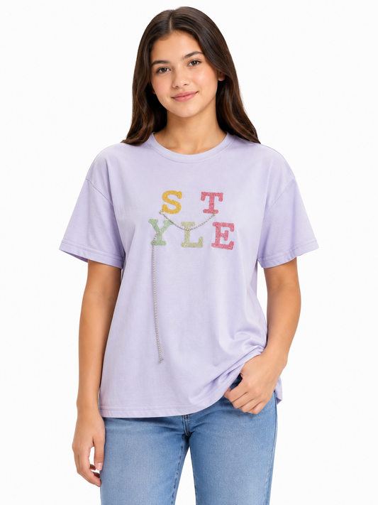 Blusa niña lila con aplicación STYLE