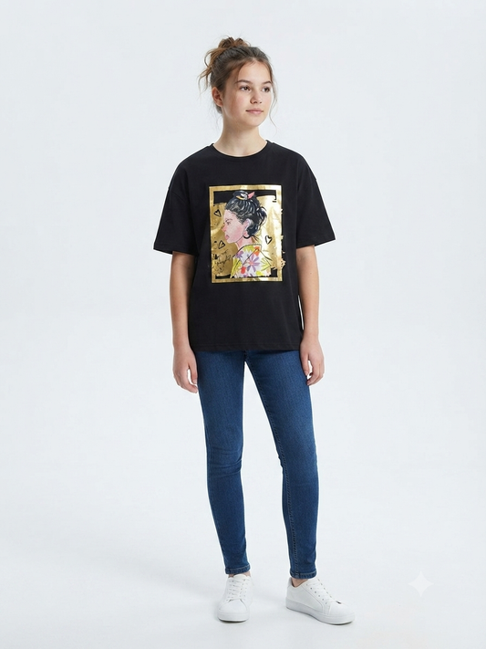 Blusa niña estampado fashion dorado