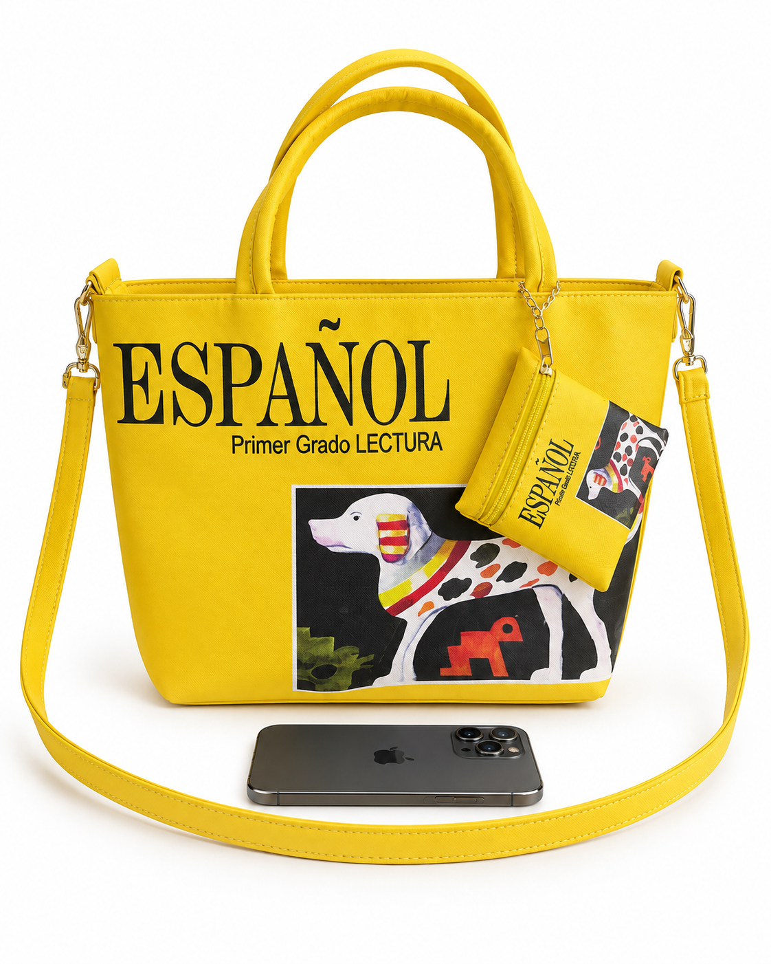 Bolsa dama y maestra amarilla estilo escolar con correa y monedero