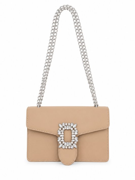 Bolsa dama color beige con cadena metálica y broche de pedrería ✨