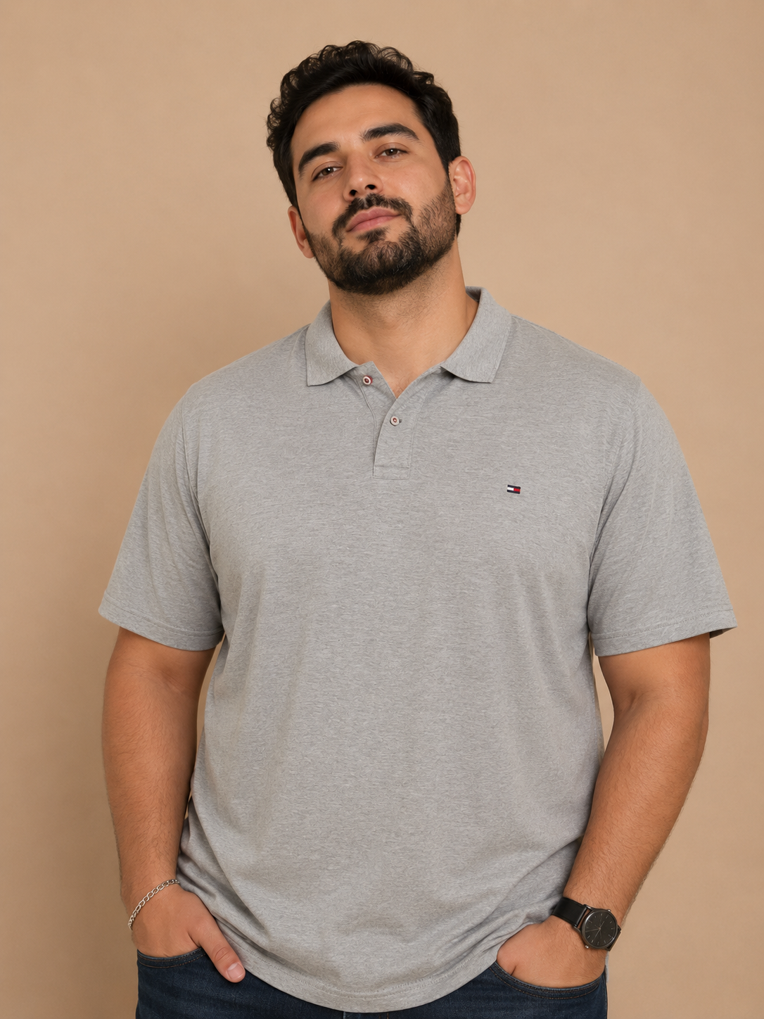 Playera caballero PLUS 4XL Polo Tommy HILF@R Gris Jaspeado