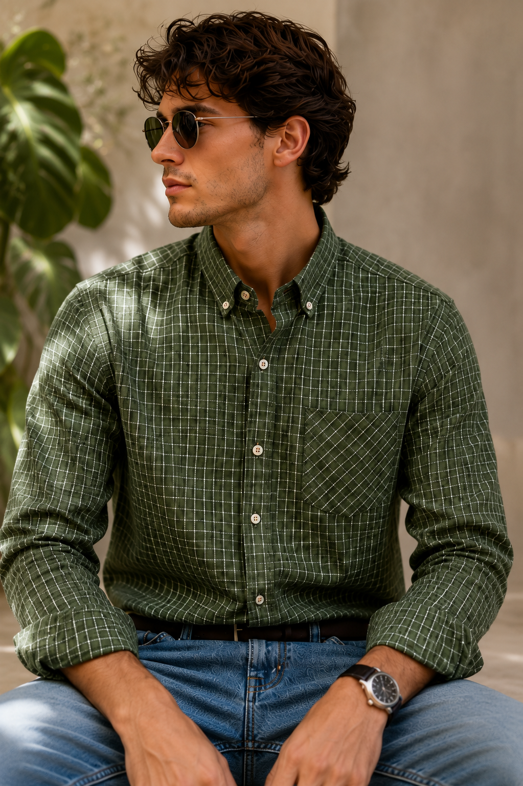 Camisa Caballero chica FIRST Y @NE Cuadros Verde Olivo