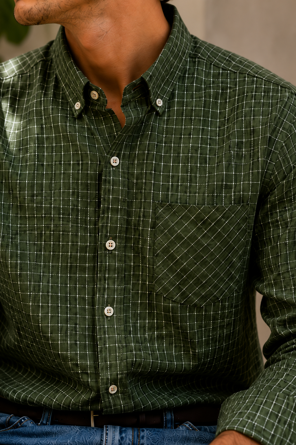 Camisa Caballero chica FIRST Y @NE Cuadros Verde Olivo
