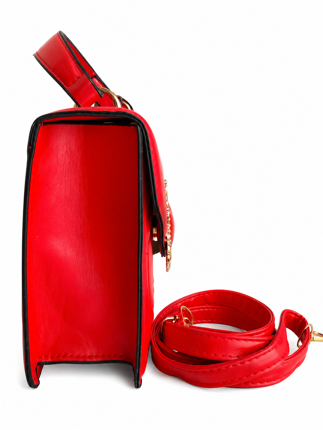 Bolsa dama roja con detalle de corazón dorado corona