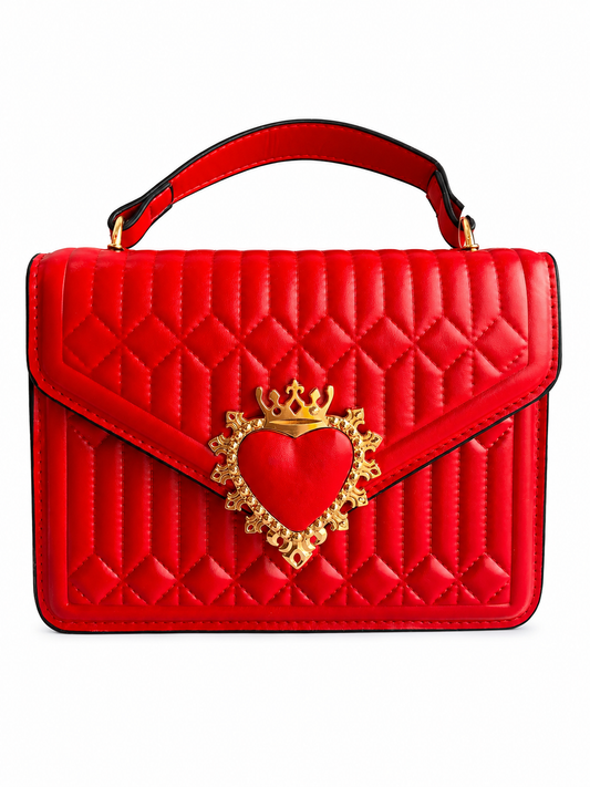 Bolsa dama roja con detalle de corazón dorado corona