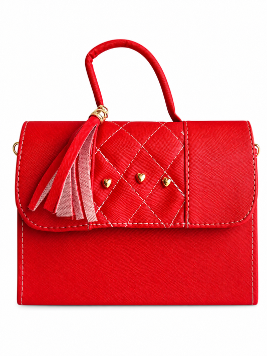 Bolsa dama roja elegante con detalle de corazones y borla