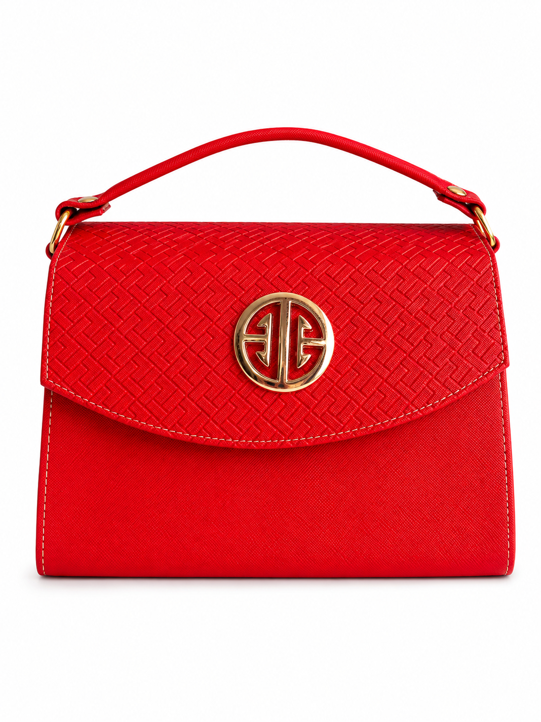 Bolsa dama roja elegante con textura grabada y herrajes dorados