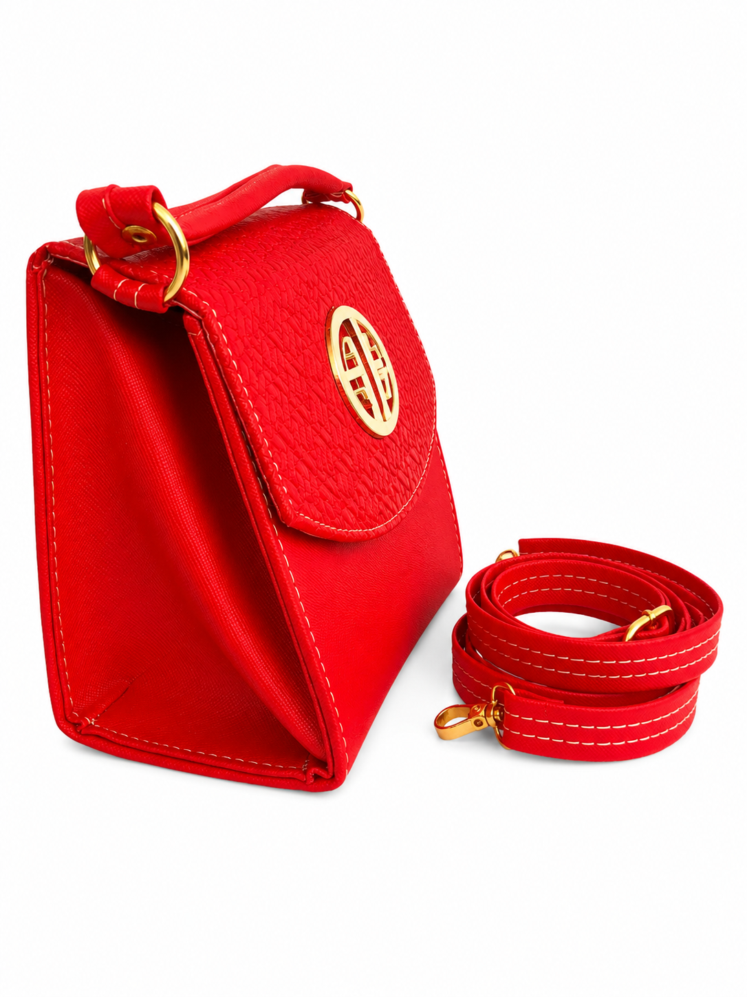 Bolsa dama roja elegante con textura grabada y herrajes dorados