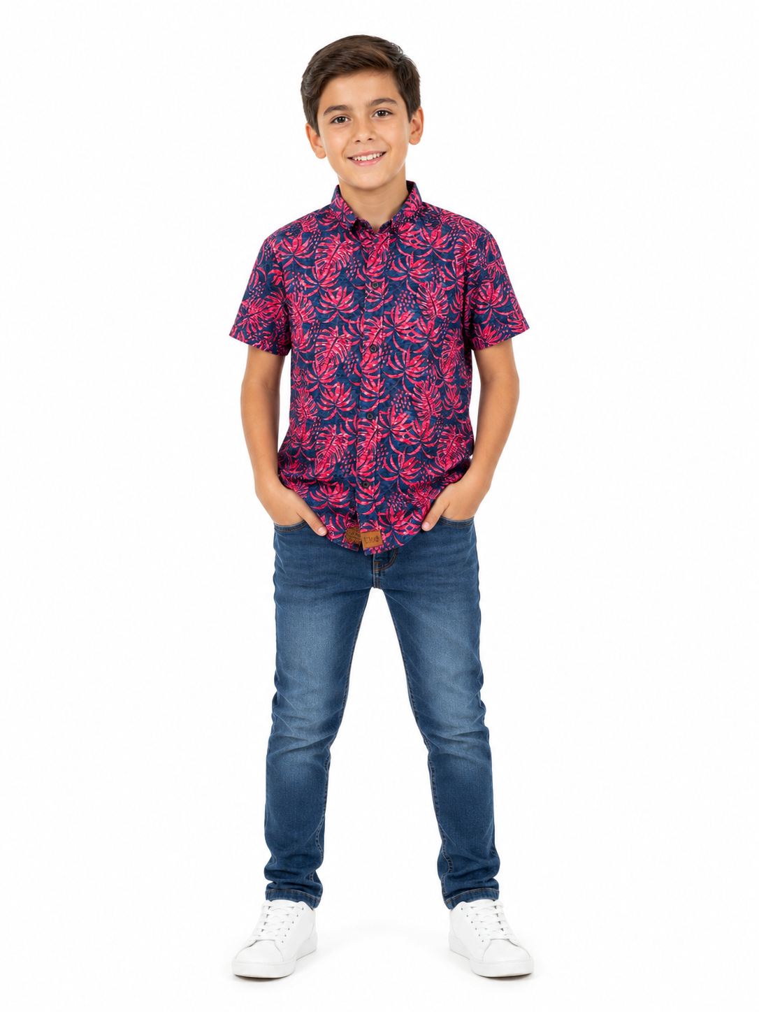 Camisa niño estampado tropical manga corta casual de botones