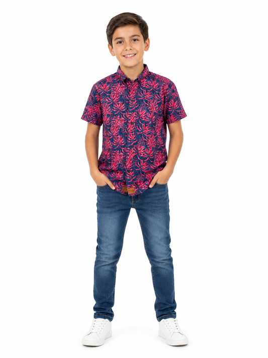 Camisa niño estampado tropical manga corta casual de botones