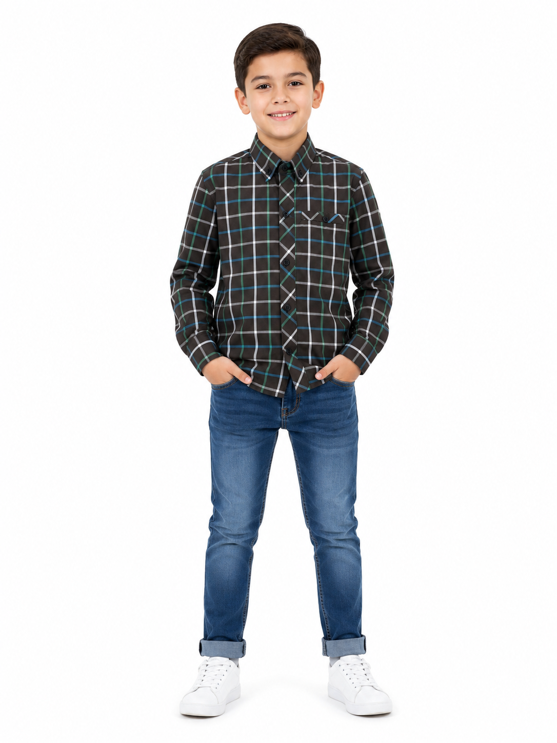 Camisa niño de cuadros manga larga café oscuro