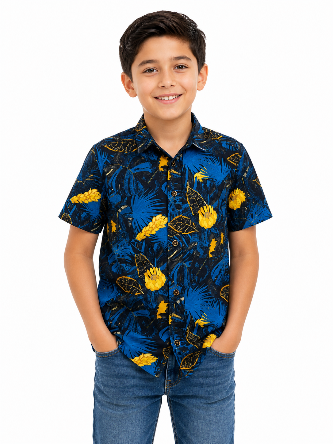 Camisa niño estampado tropical manga corta casual