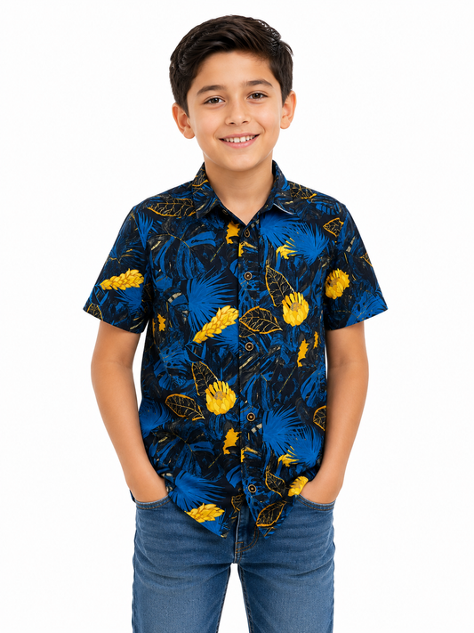 Camisa niño estampado tropical manga corta casual