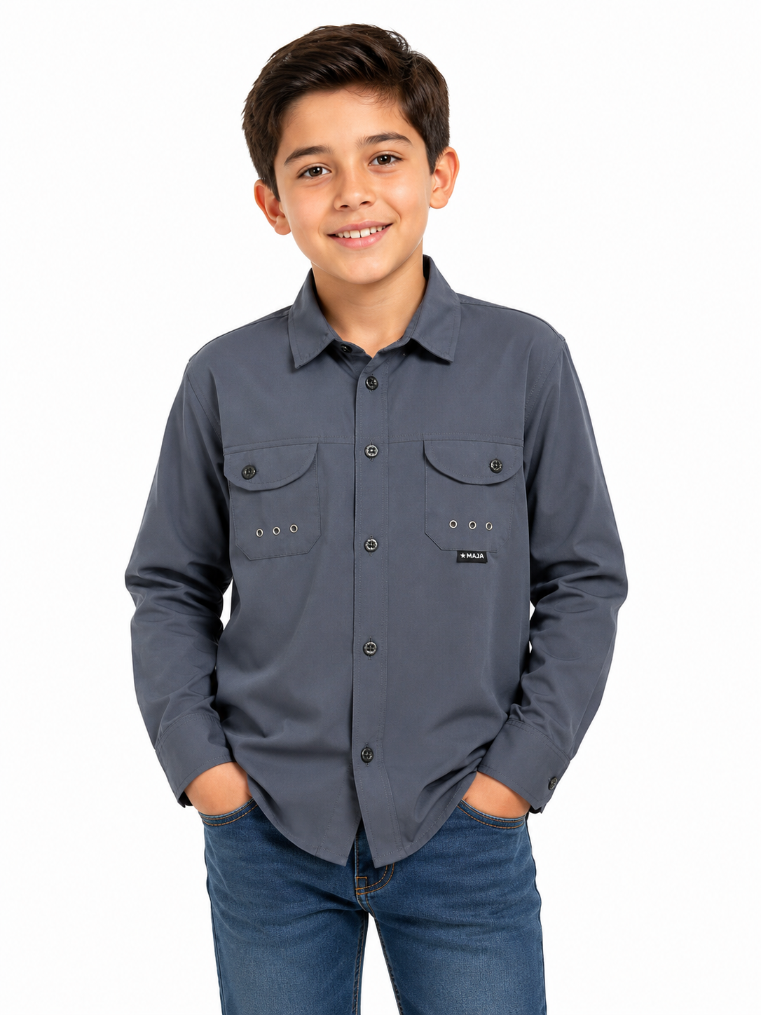 Camisa niño manga larga casual y botones color gris