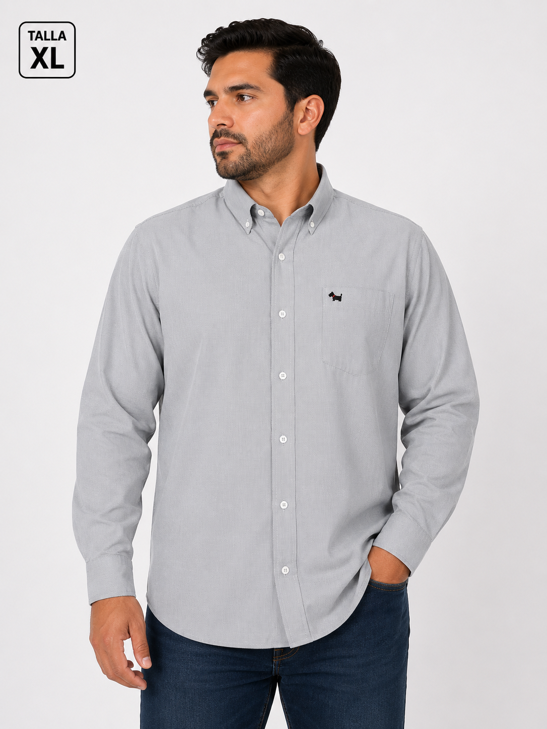 Camisa Caballero Cuadro Fino Gris Manga Larga