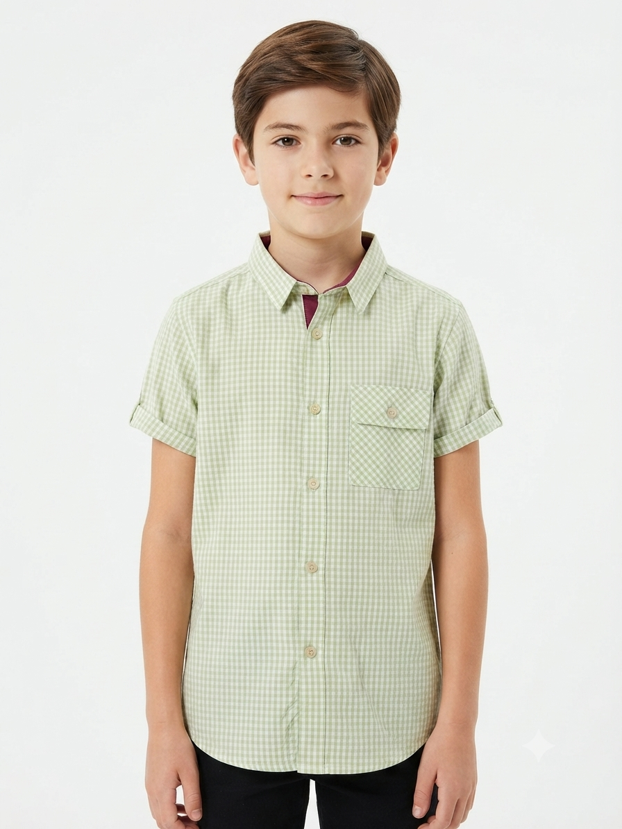 Camisa niño cuadros verde claro manga corta
