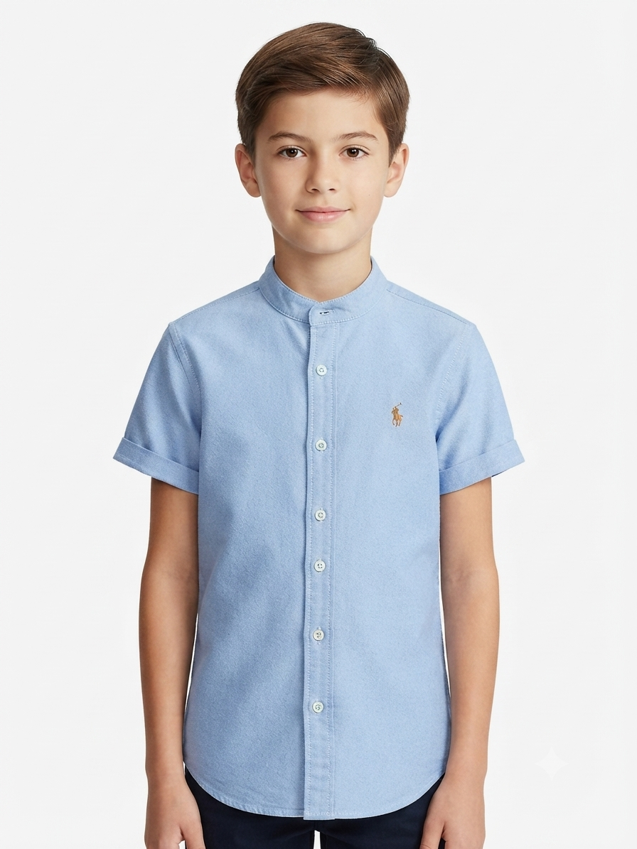 Camisa niño de manga corta cuello redondo azul cielo