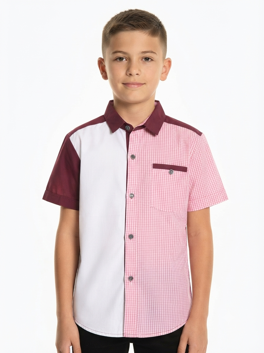 Camisa niño manga corta bicolor blanco y rosa
