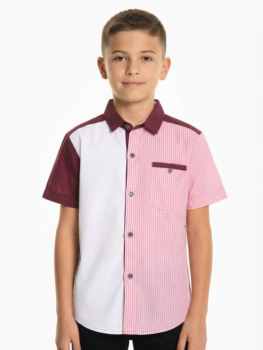 Camisa niño manga corta bicolor blanco y rosa