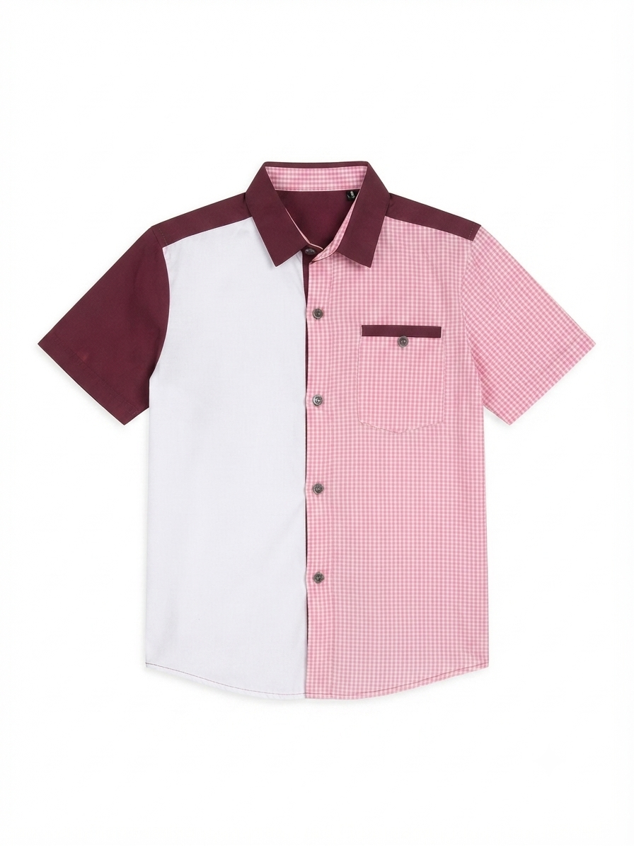 Camisa niño manga corta bicolor blanco y rosa
