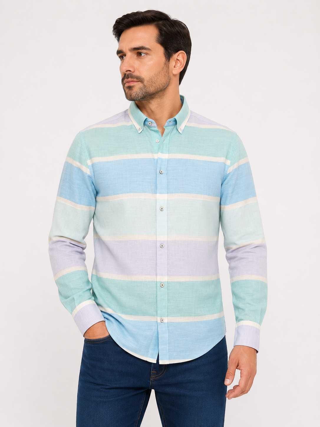 Camisa caballero XL Extra Grande FIFF@Rs Rayas tonos Aqua