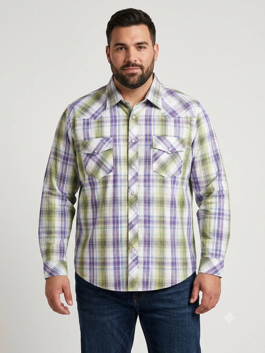 Camisa caballero 3XL NAVEGATI@N cuadros verdes con morado
