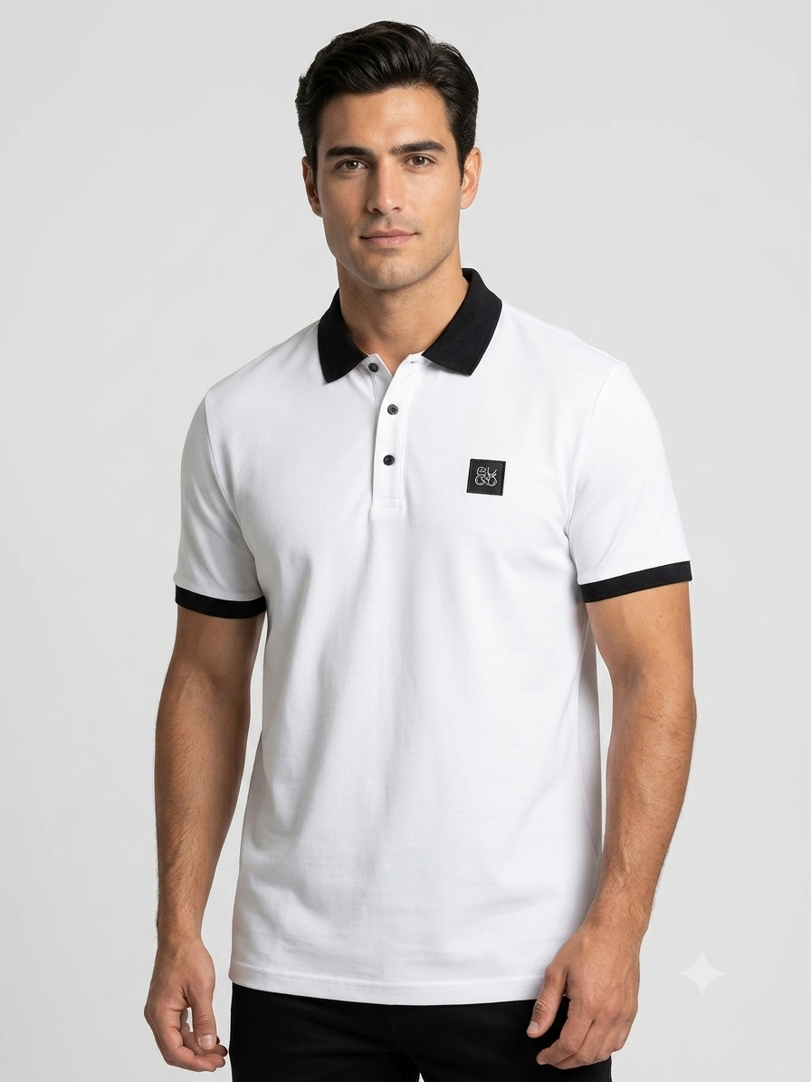 Playera caballero Extra Grande XL Tipo Pol@ Hug@ Blanca con Detalles Negros