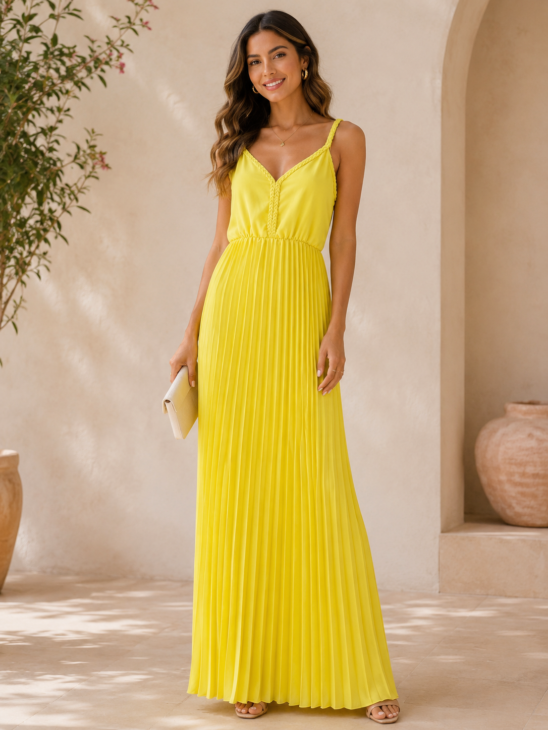 Vestido Largo dama Plisado chico Tono Amarillo MostazaLUL@ L@VE