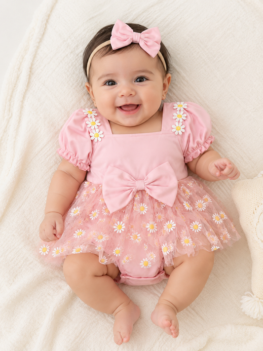 Vestido Mameluco para Bebé con Diadema Floral Rosa NIÑA MESES