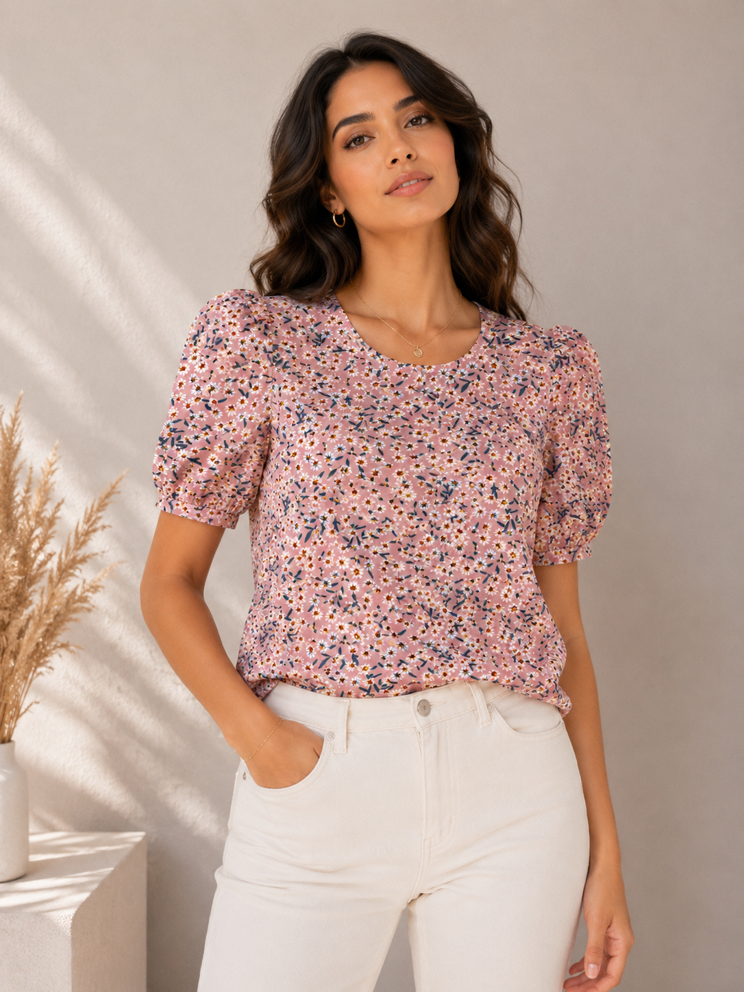 Blusa dama  rosa con flores blancas SH@IN