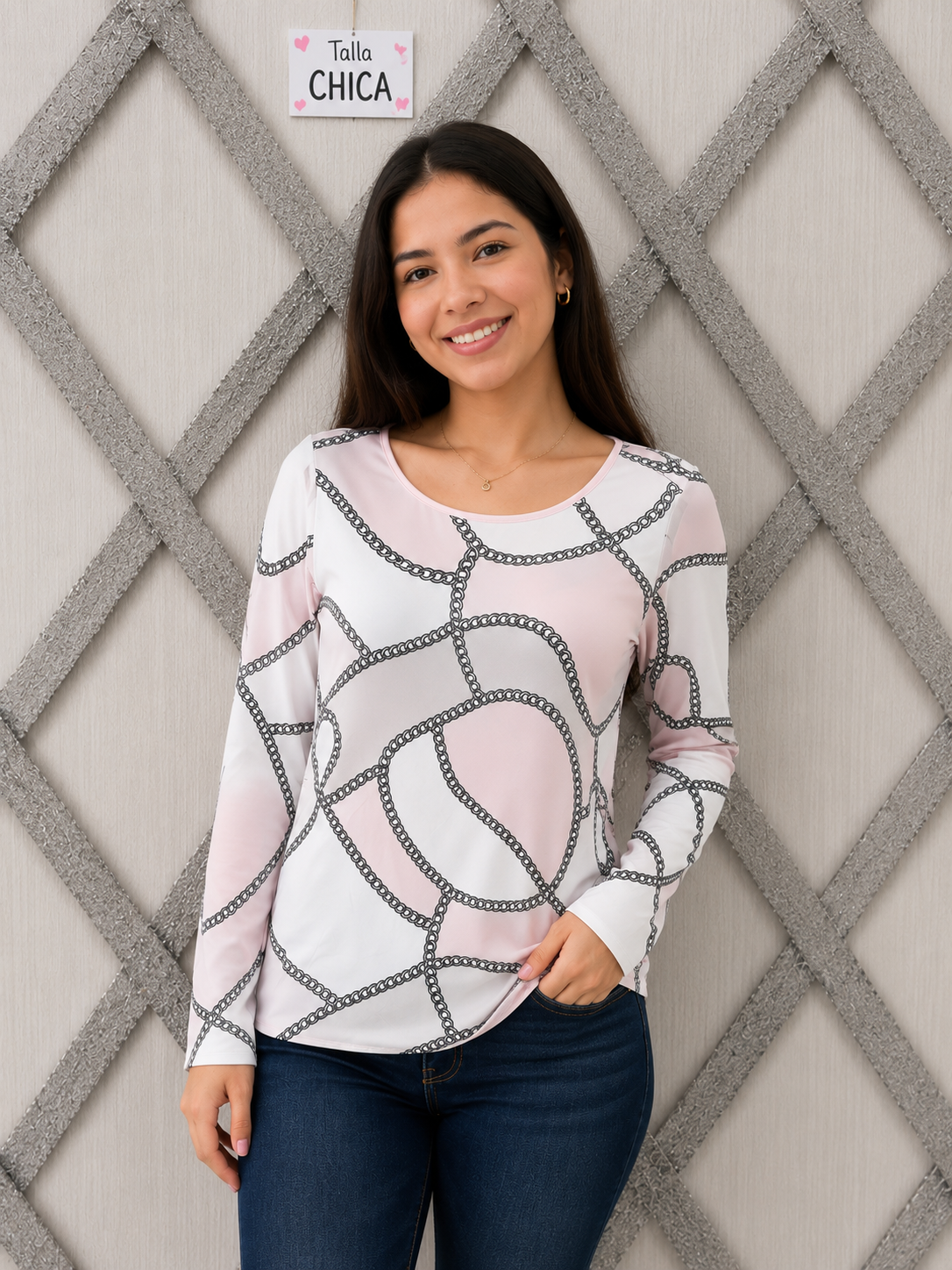 Blusa dama mediana rosa con cadenas elegantes SH@IN