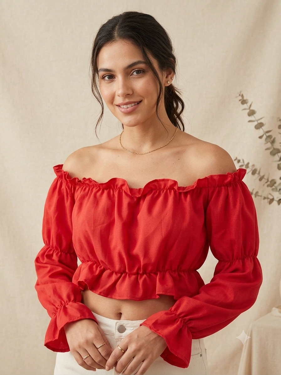 Blusa dama crop manga larga con hombros descubiertos