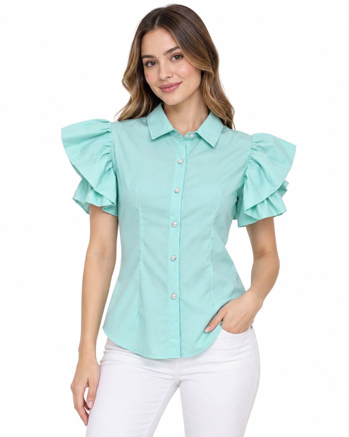Blusa dama de manga corta con olanes