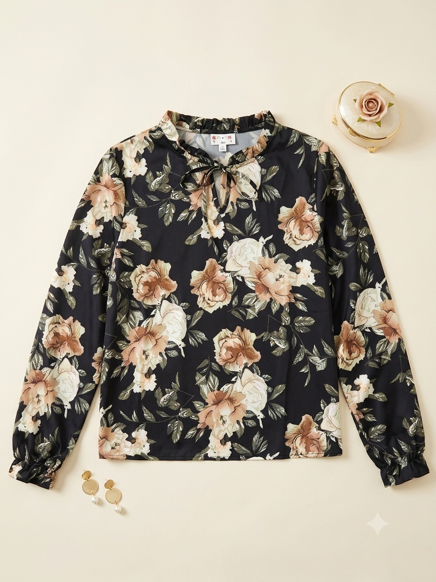 🌸 Blusa dama floral de manga larga con lazo al cuello
