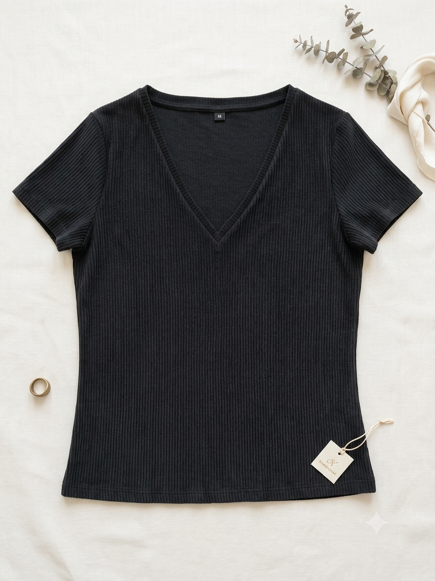 🖤 Blusa dama básica acanalada con escote en “V”