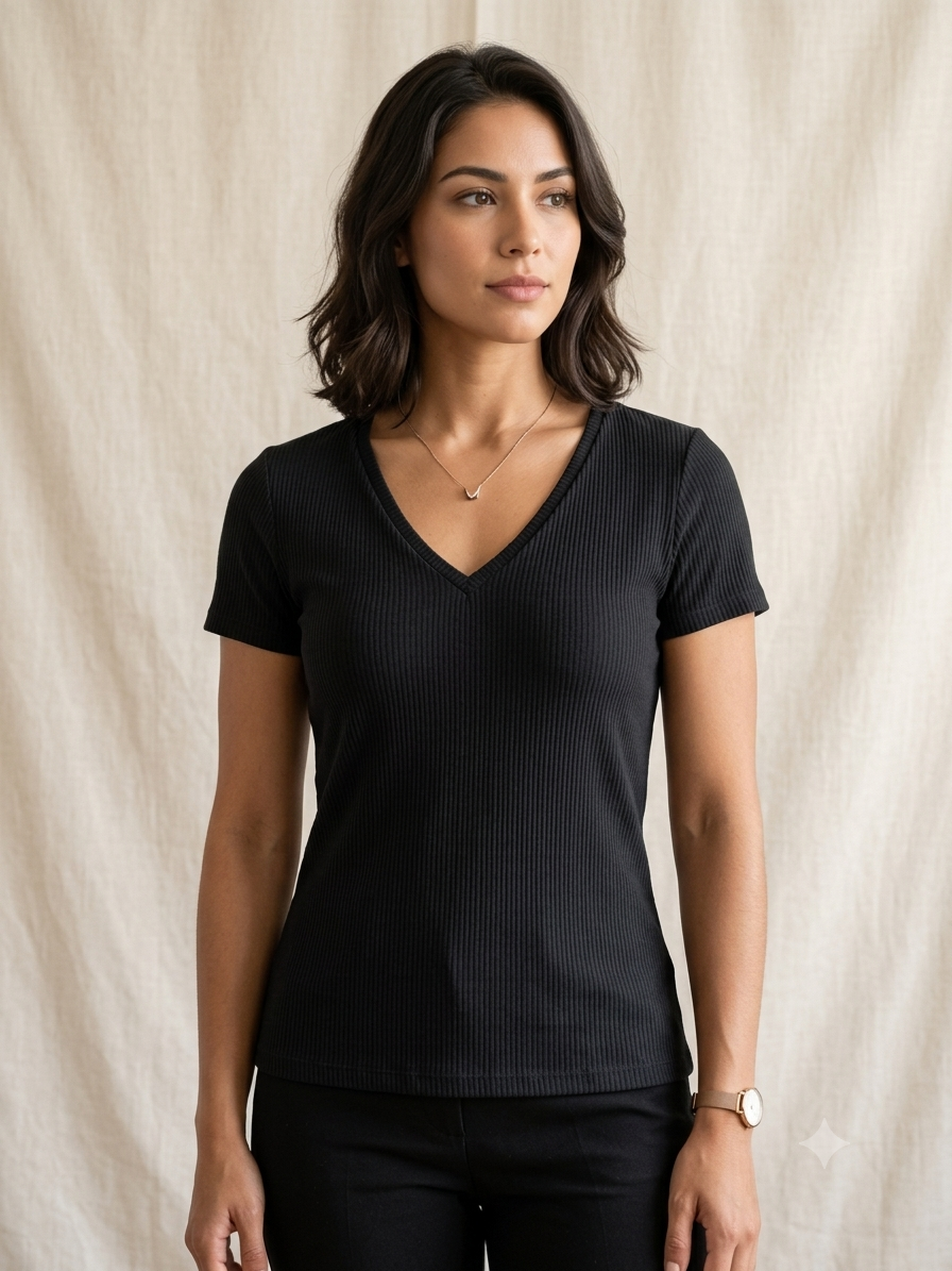 🖤 Blusa dama básica acanalada con escote en “V”