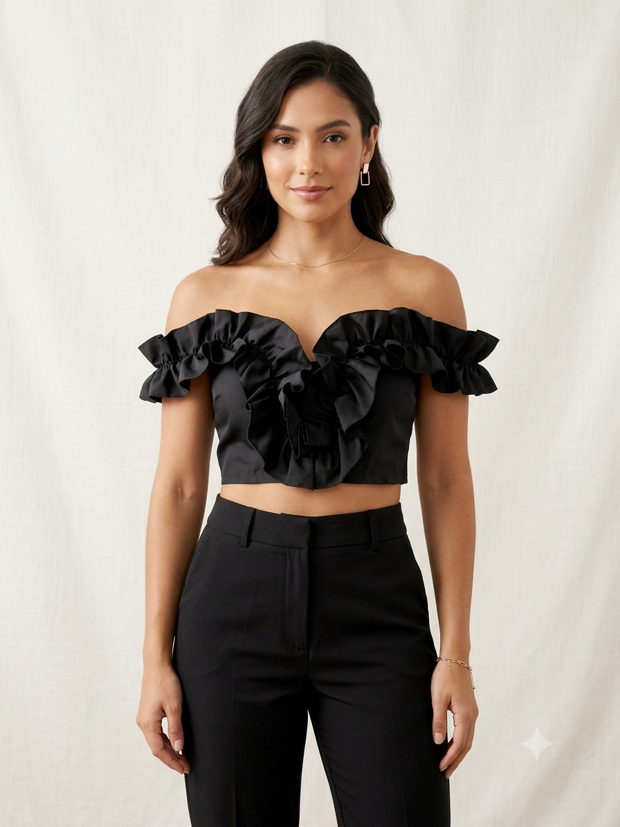 🖤 Blusa dama crop con olanes y hombros descubiertos