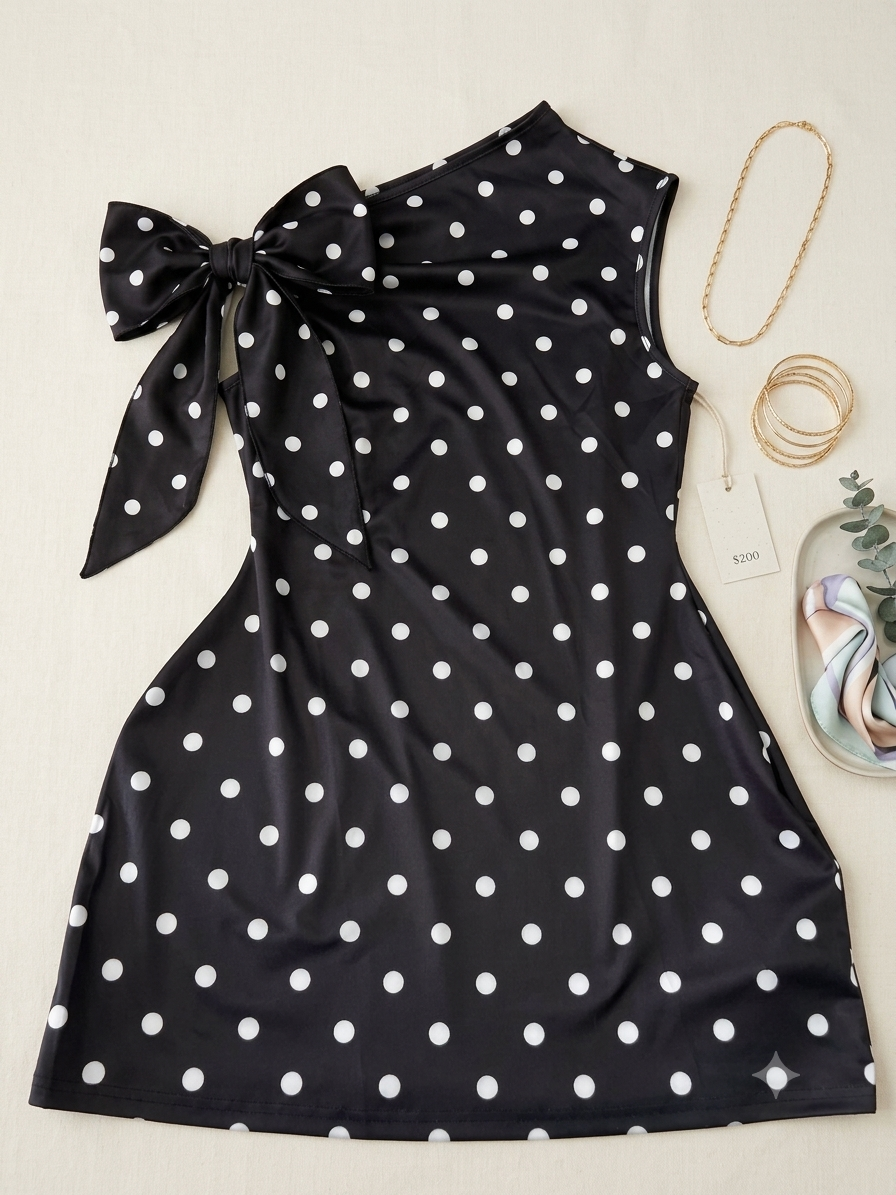 🖤🤍 Vestido dama corto de lunares con moño decorativo