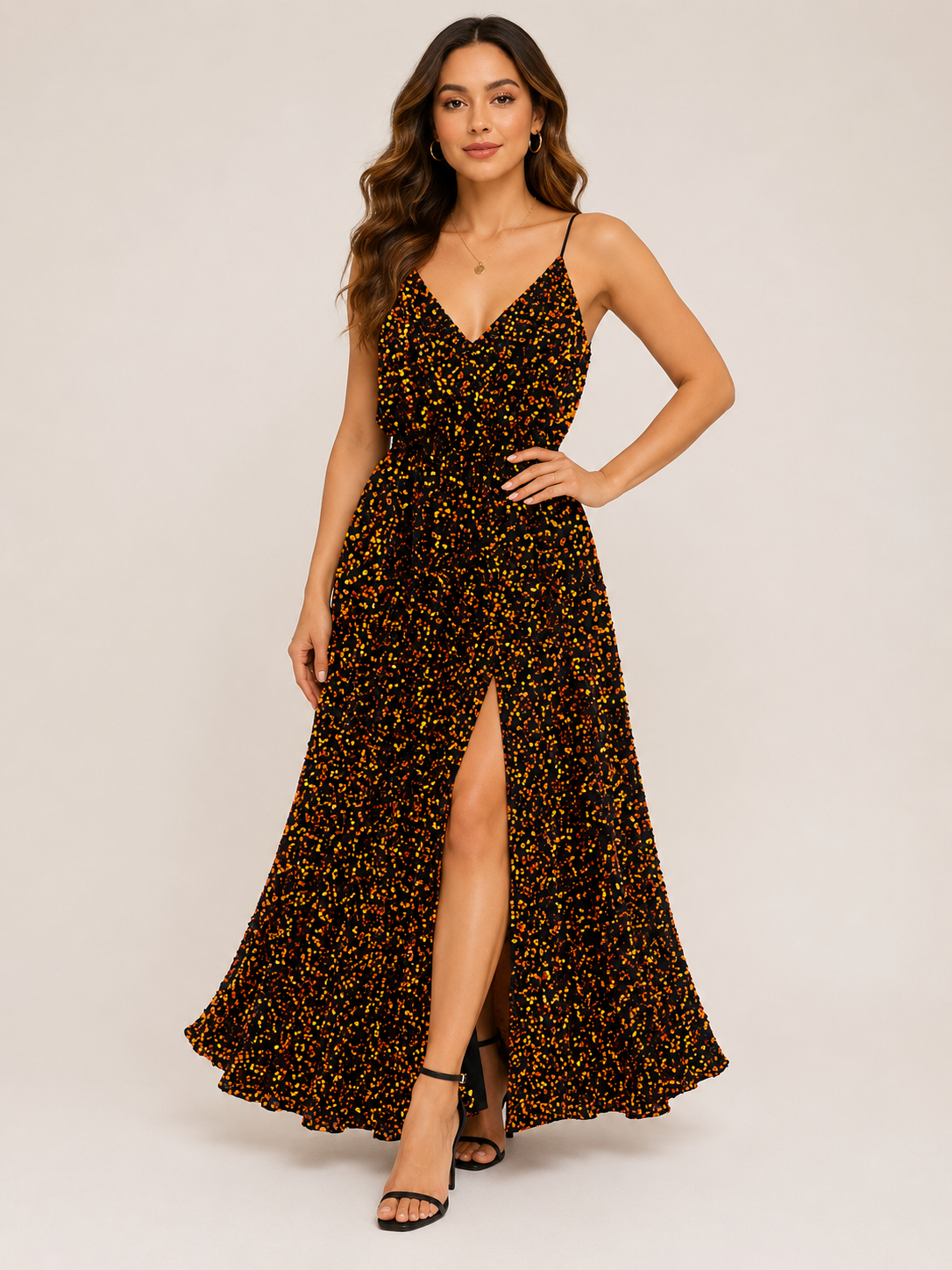 ✨🖤 Vestido Dama Largo de Lentejuelas Negro con Destellos Dorados ✨🖤