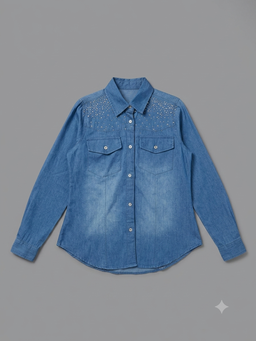 💙 Camisa dama de Mezclilla Ligera con Pedrería – Un clásico con un toque de brillo 💙