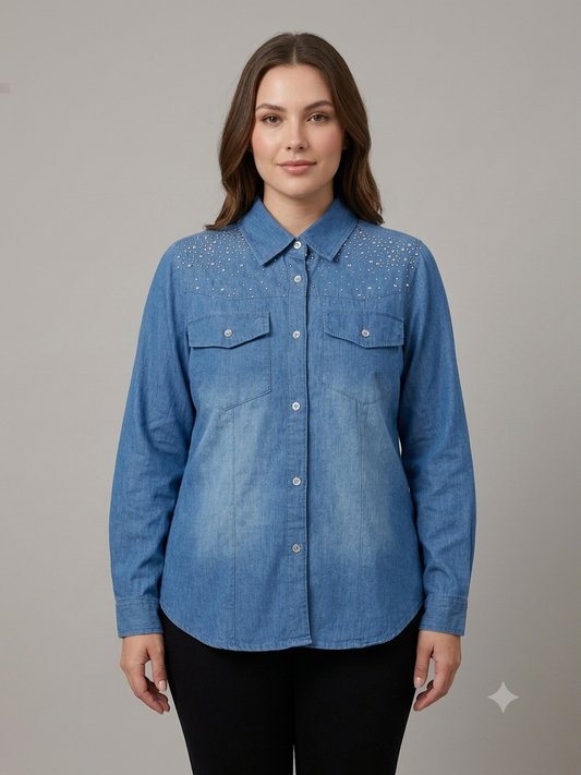 💙 Camisa dama de Mezclilla Ligera con Pedrería – Un clásico con un toque de brillo 💙