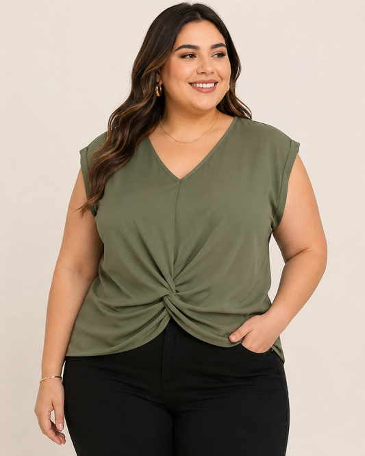 Blusa Dama Verde Olivo con Escote en V y Detalle Cruzado al Frente
