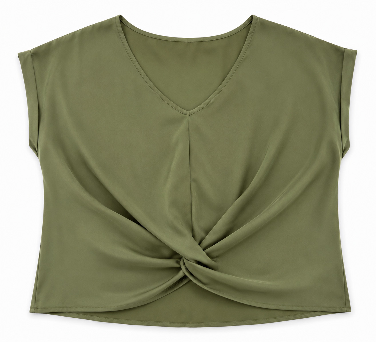 Blusa Dama Verde Olivo con Escote en V y Detalle Cruzado al Frente
