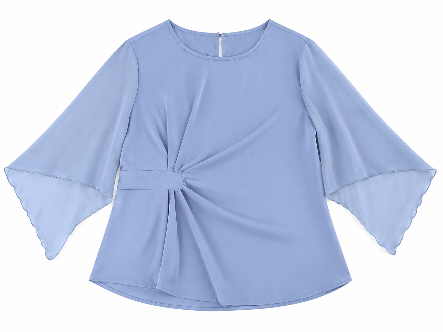 Blusa Dama Azul Cielo con Manga Campana y Detalle Fruncido al Costado