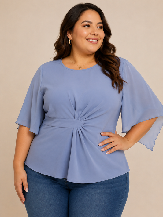 Blusa Dama Azul Cielo con Manga Campana y Detalle Fruncido al Costado