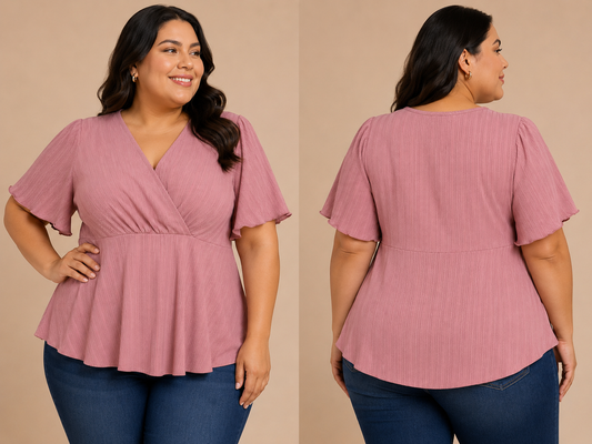 Blusa dama Rosa Palo Texturizada con Escote Cruzado y Manga Volante