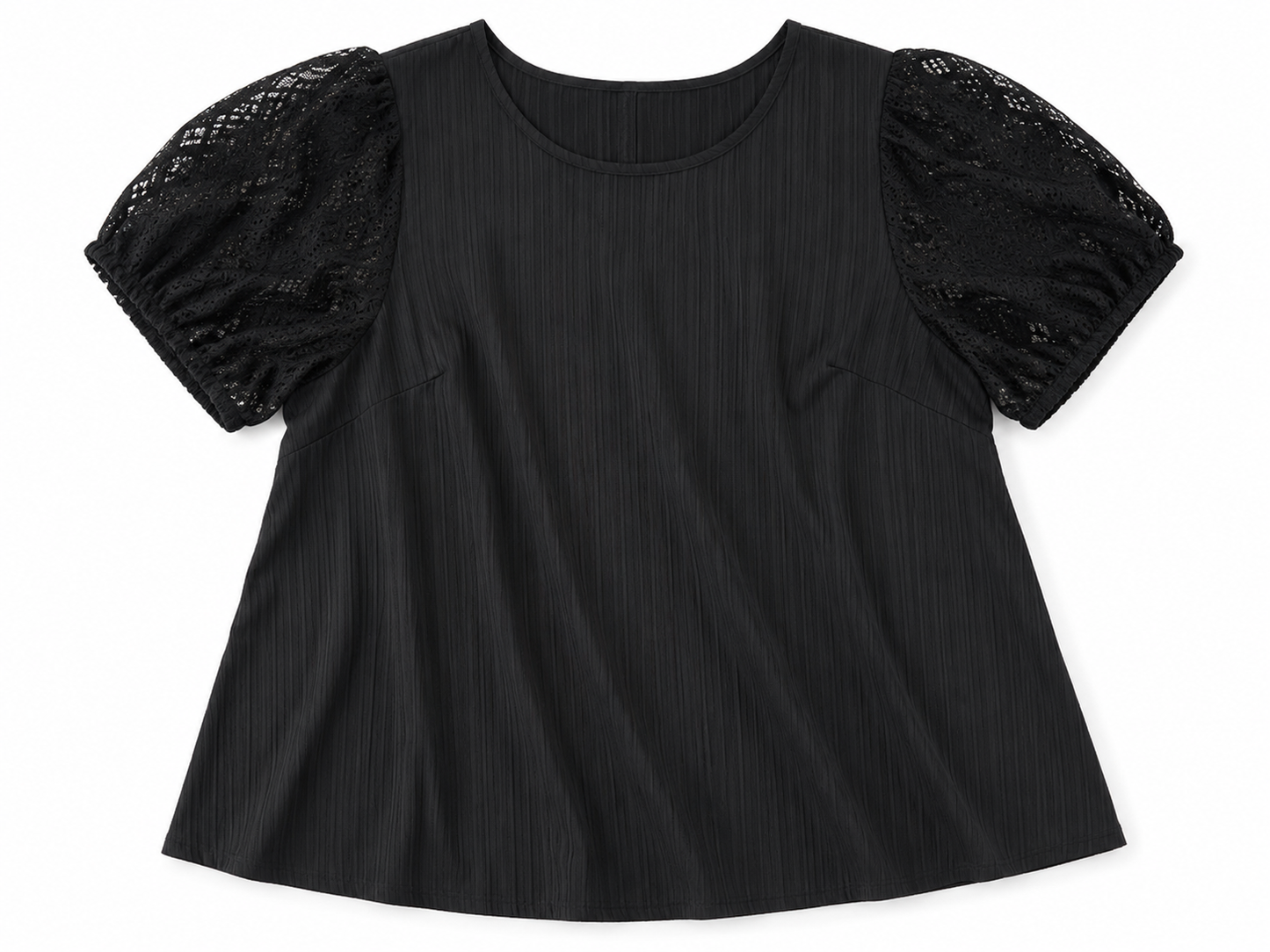 Blusa dama Negra Texturizada con Mangas de Encaje Floral